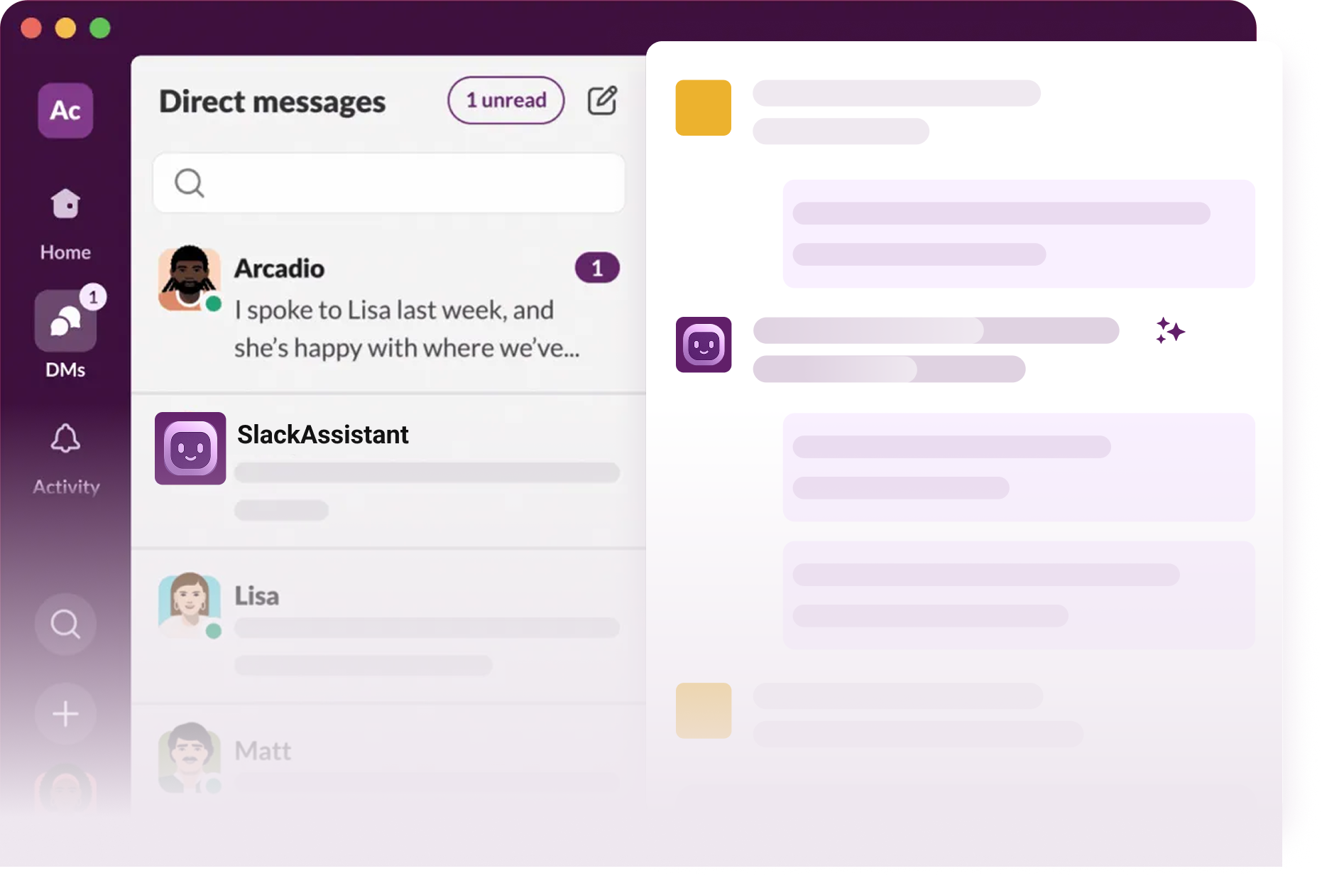 Slack workspace showing the AI assistant participating in team conversations across channels